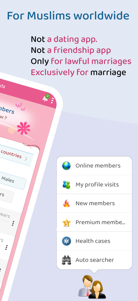 Interface do aplicativo de Casamento Muçulmano Mawada destacando seu compromisso com casamentos lícitos e recursos de busca de membros