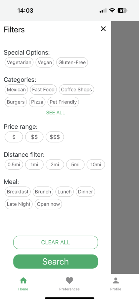 Restaurantji Dining Guide - Search filters screen in the Restaurantji app showing options for dietary preferences categories price range and distance