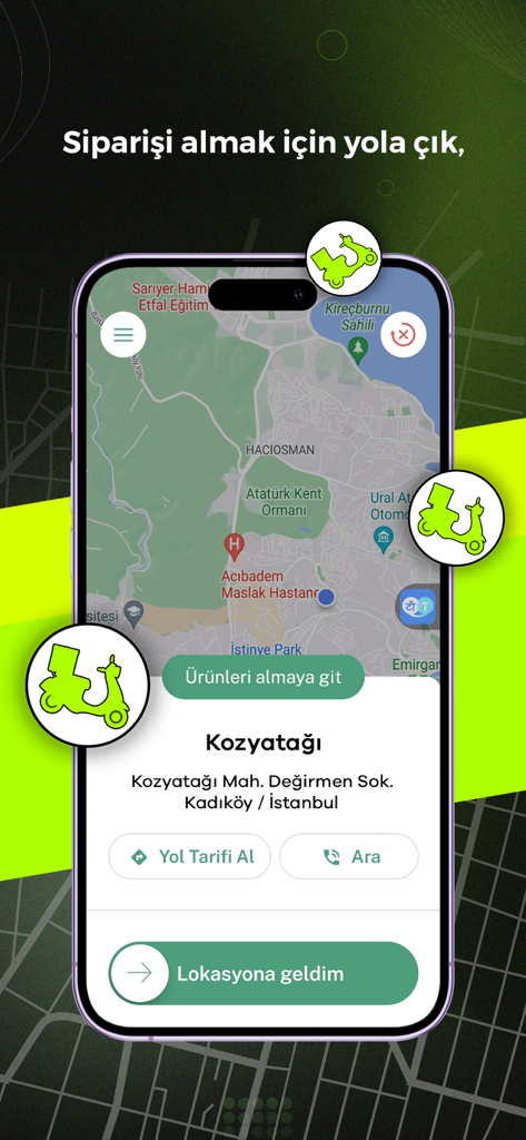 VigoKurye - VigoKurye mobile app interface showing a map for courier navigation and order tracking