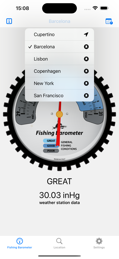Fishing Barometer - Fishermen - Fishing Barometer app interface showing a dial indicating great fishing conditions and a dropdown menu for selecting different cities.