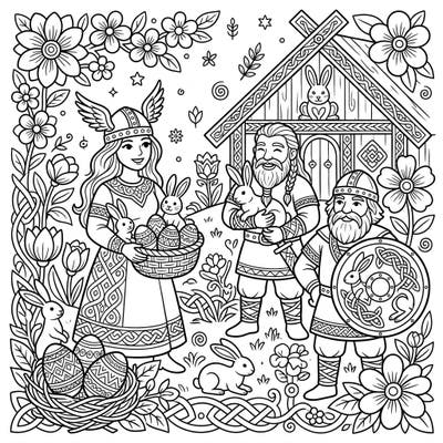 Journey to a whimsical world where Norse warriors celebrate Easter amidst spring blossoms and adorable bunnies. This unique coloring page blends Viking traditions with joyful festive elements for an engaging experience.
