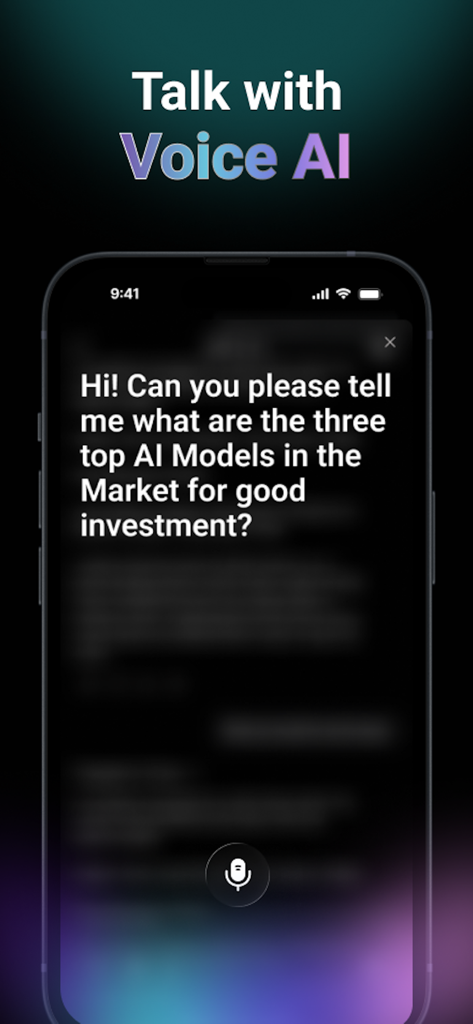 ChatAll : Ask AI Anything 5.4 - Pantalla de la aplicación móvil ChatAll que muestra la función de chat de voz con IA con un icono de micrófono