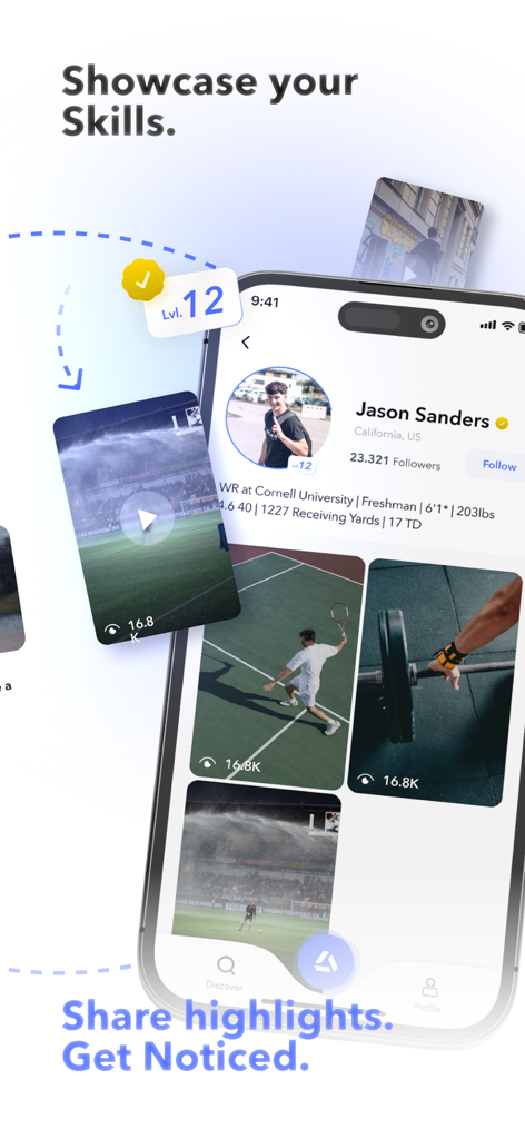APX Academy - APX Academy app interface displaying an athlete player profile with performance stats and training highlights.
