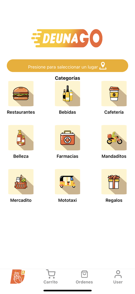 Deuna Go - Tela principal do aplicativo Deuna Go com categorias de serviços para entrega e táxi em áreas rurais