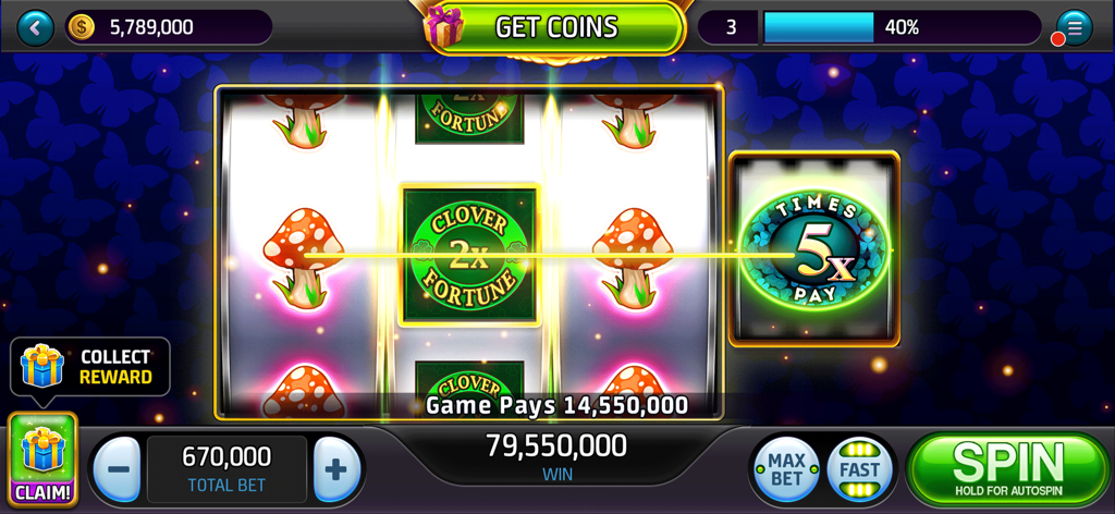 Hot 7's Casino Classic Slots - Grande vincita su una slot machine a tema quadrifoglio e fungo con un moltiplicatore 5x