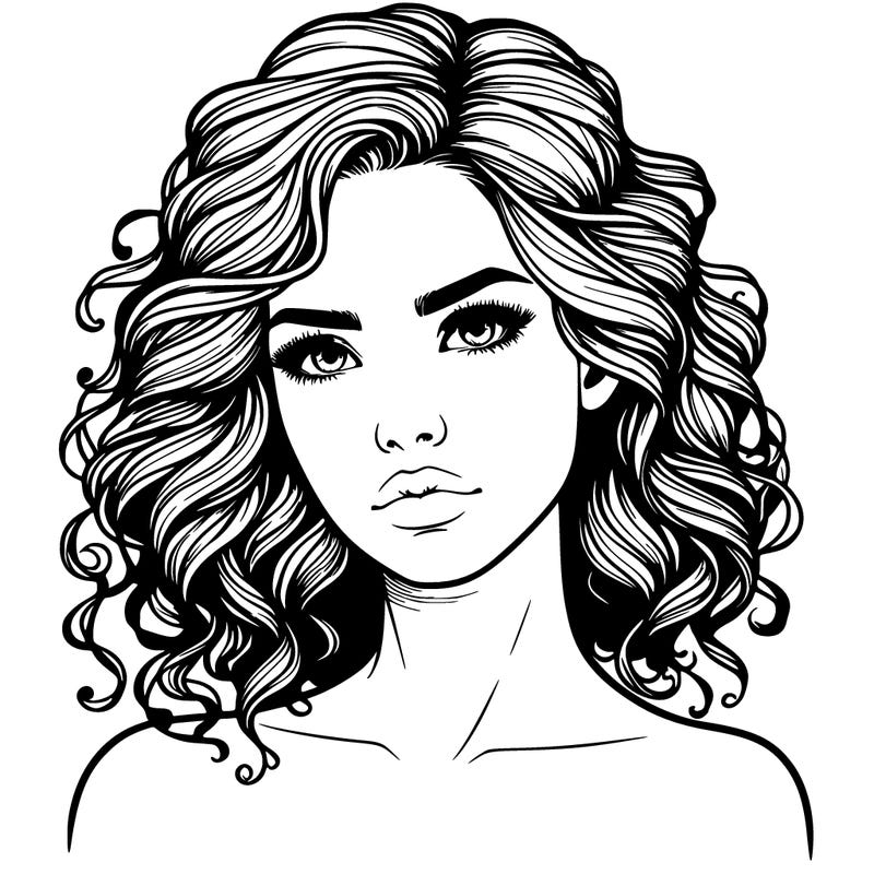realistic woman portrait with curled hair and serious face