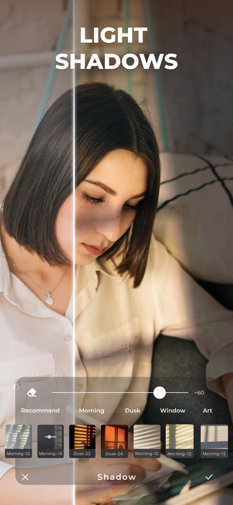 LUMINS - Light Photo Editor - Before and after comparison of light and shadow simulation effects on a portrait