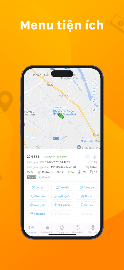 iTrack Pro mobile app dashboard showing real-time vehicle GPS tracking on a map and security control menu