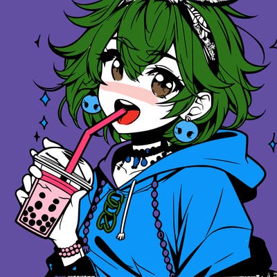 hot baddie anime girl drinking boba and biting the straw