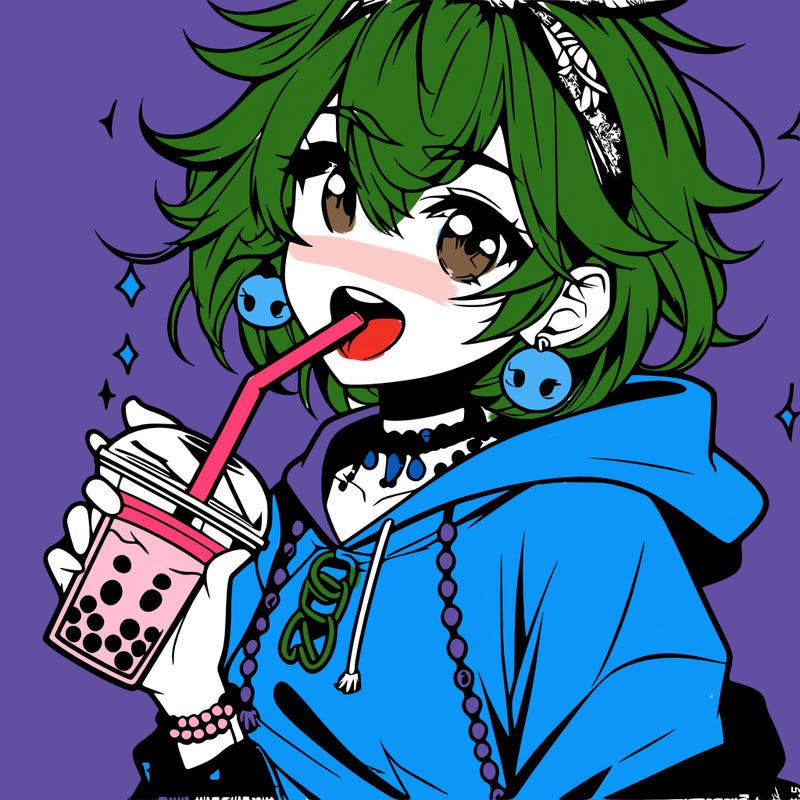 hot baddie anime girl drinking boba and biting the straw