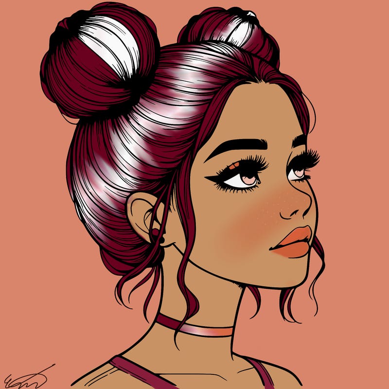 realistic girl with buns on the top of her head