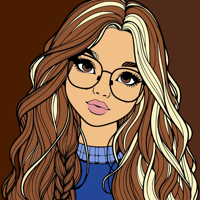 girl with long hair and freckles and glasses realistic