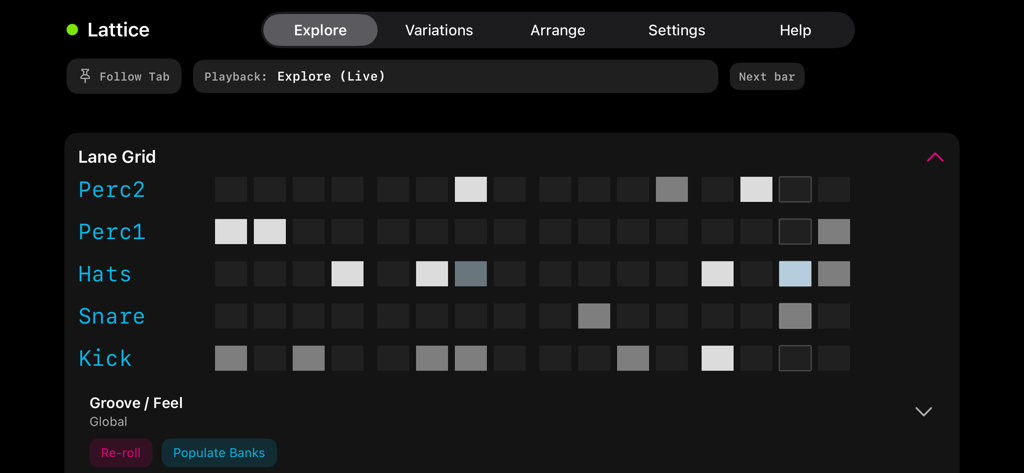 Lattice - Una captura de pantalla de la pestaña Explorar de la aplicación Lattice con un secuenciador de cuadrícula de pistas para batería y percusión