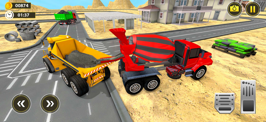Heavy Excavator Dump Truck 3D - Caminhão betoneira vermelho despejando cascalho em um caminhão basculante amarelo em um canteiro de obras 3D.
