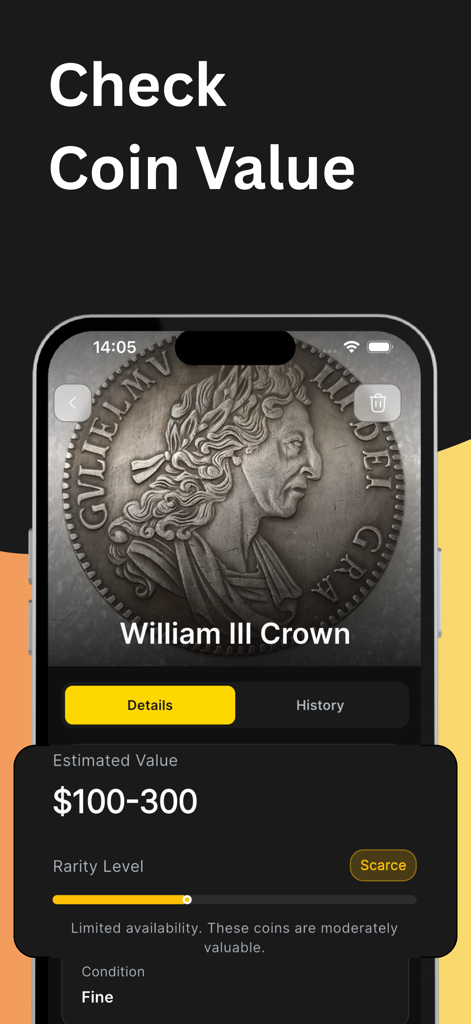 스캔된 윌리엄 3세 크라운 코인의 추정 가치와 희귀성을 표시하는 모바일 애플리케이션 화면