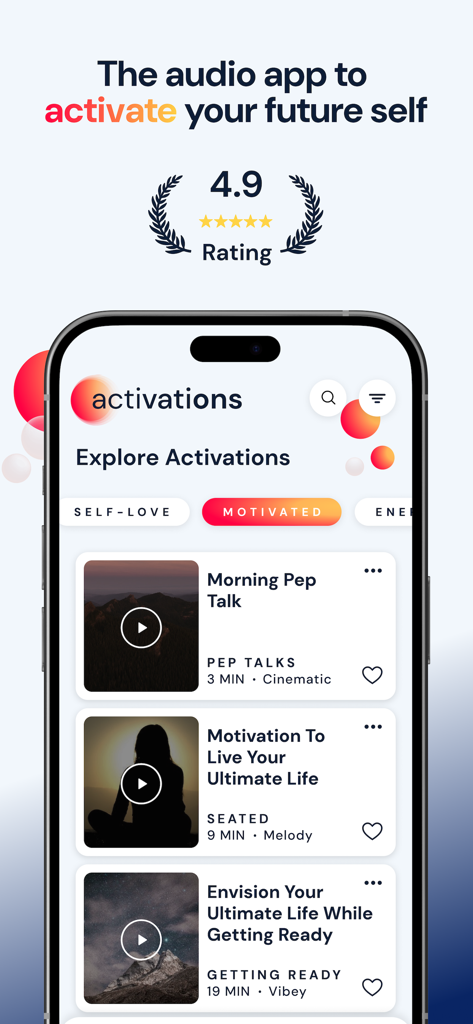 L'interface de l'application Activations montrant des pistes audio de motivation et une note utilisateur de 4,9