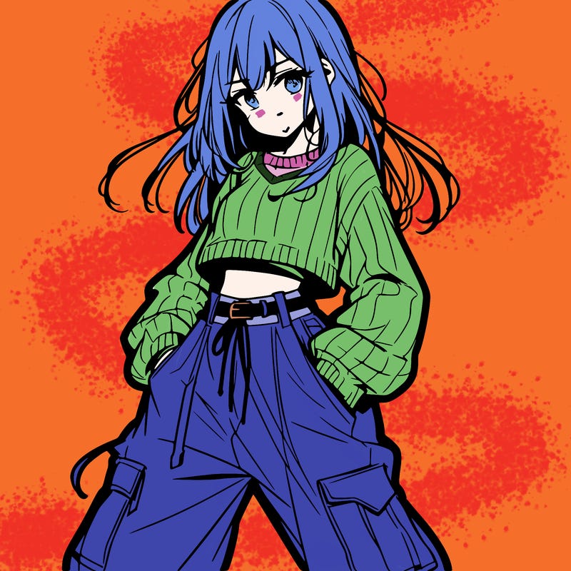 anime teen girl with baggy pants and crop top with sweater