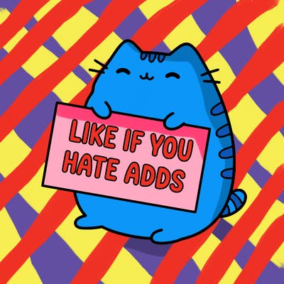 a kawii pusheen cat holding a sign that says like if you hate adds