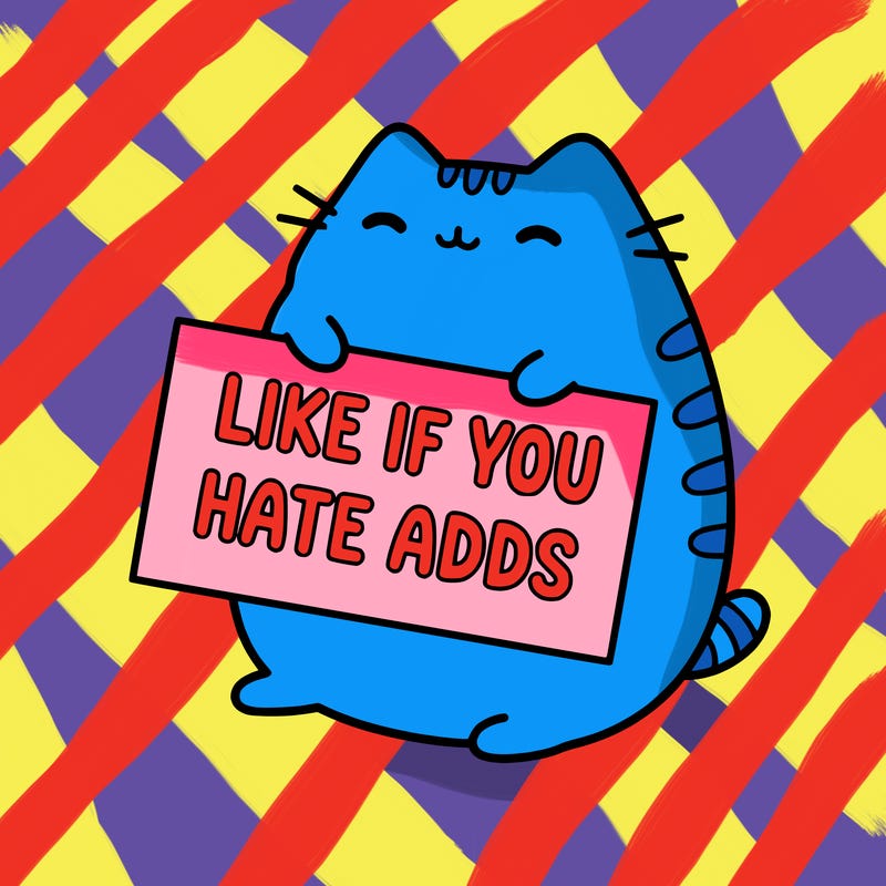 a kawii pusheen cat holding a sign that says like if you hate adds