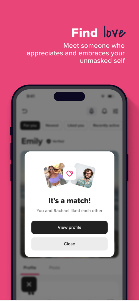 Hiki: Autism ADHD & ND Dating - A smartphone display showing a successful match notification on the Hiki neurodivergent dating app with a pink background and the text find love