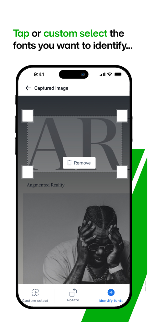 WhatTheFont - Screenshot of the WhatTheFont app showing the custom selection tool to identify fonts from a captured image.