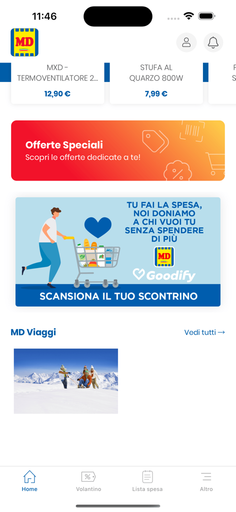 Mobile App Startbildschirm für den MD spa Supermarkt mit Angeboten und Einkaufsliste.