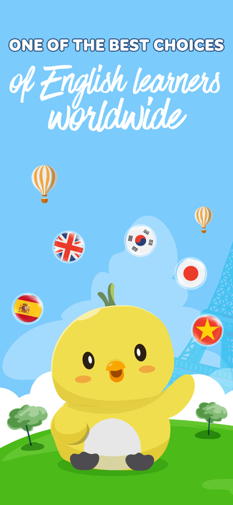 Mascota de un pollito amarillo de la app Dunno con banderas del mundo y texto que indica que es una opción principal para estudiantes de inglés en todo el mundo