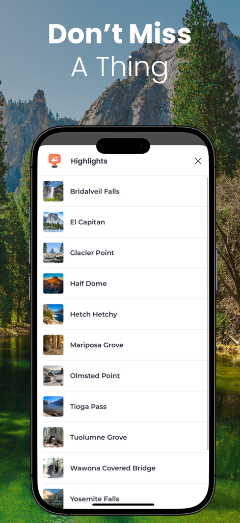 Yosemite GyPSy Guide Tour - A smartphone showing the highlights list of the Yosemite GyPSy Guide app featuring points of interest like El Capitan and Half Dome.