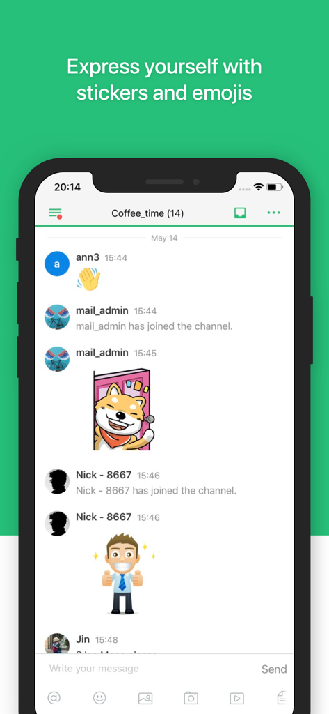 Synology Chat - Synology Chat interface showing stickers and emojis in a group conversation