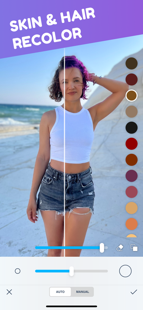 Summer Body: Photo Editor AI - Una comparación de antes y después de la recoloración del cabello usando la aplicación de edición de fotos Summer Body AI.