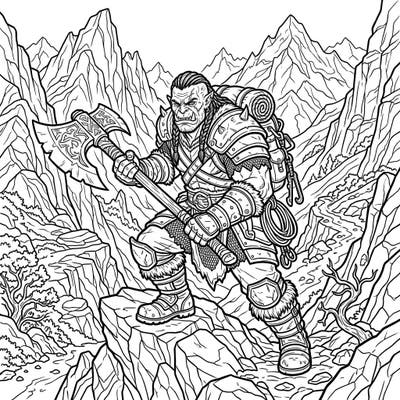 Embark on a thrilling fantasy journey with this intricate Mountain Orc coloring page, specifically designed for teens. Dive into a world of rugged landscapes and powerful heroes, ready for your creative touch.