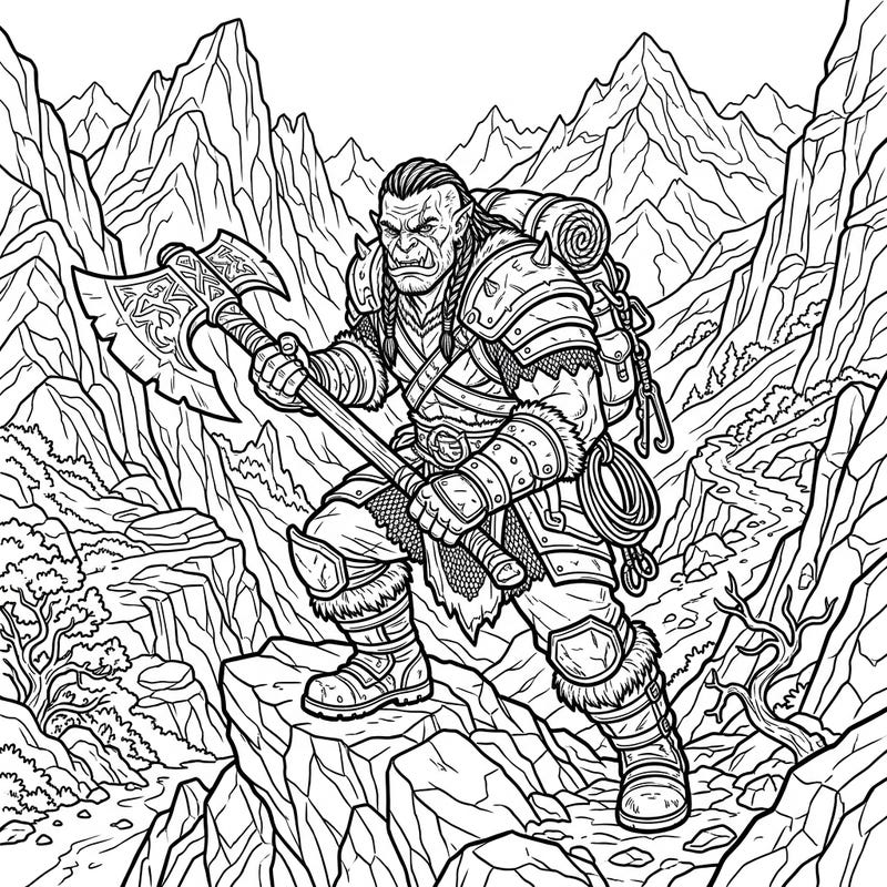 Embark on a thrilling fantasy journey with this intricate Mountain Orc coloring page, specifically designed for teens. Dive into a world of rugged landscapes and powerful heroes, ready for your creative touch.
