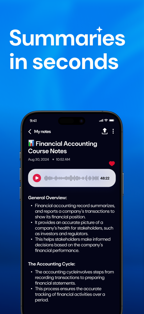 Minutes of Meeting AI Notebook - AI生成された会計学コースのメモと箇条書きの要約、ボイスレコーダーが表示されたスマートフォンの画面。