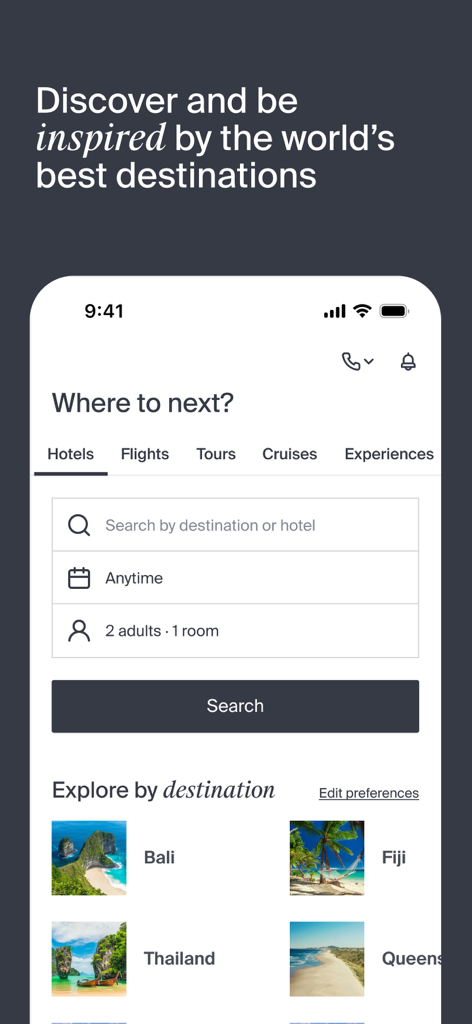 Luxury Escapes: Travel Deals - Luxury Escapes app interface showing search options for luxury travel and featured destinations like Bali and Fiji
