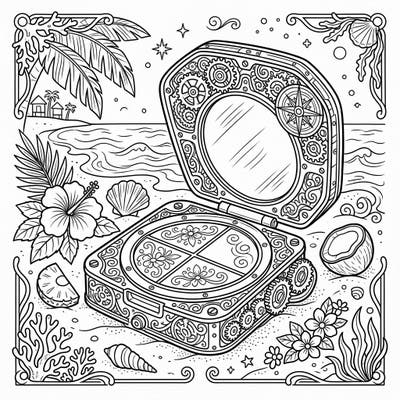 Dive into a uniquely imaginative coloring experience with this steampunk-inspired blush compact. Set against a sunny summer beach scene, this intricate design combines gears and tropical beauty for endless creative possibilities.
