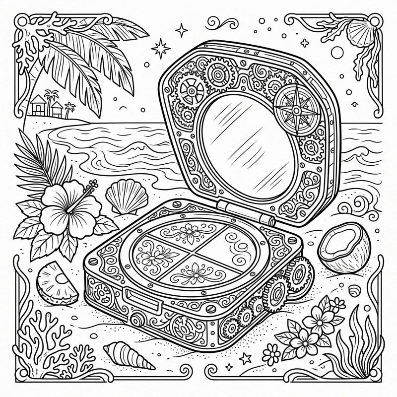 Dive into a uniquely imaginative coloring experience with this steampunk-inspired blush compact. Set against a sunny summer beach scene, this intricate design combines gears and tropical beauty for endless creative possibilities.