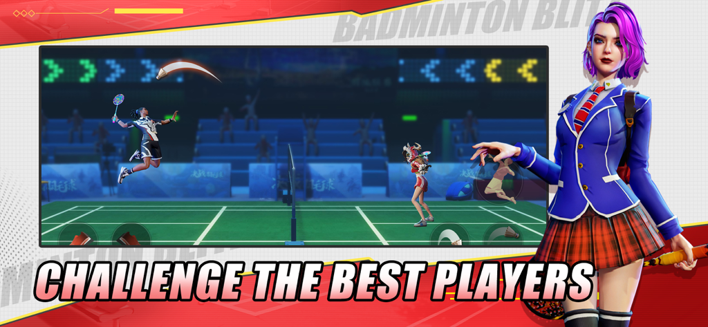 Badminton Blitz - A competitive real-time badminton match in Badminton Blitz showing players competing in a sports arena.