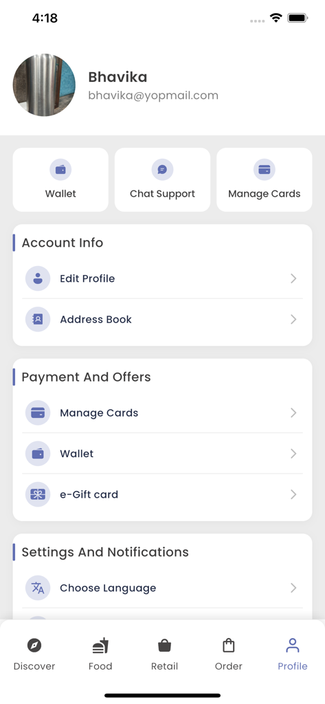 User profile screen in the foodDROP app showing account info and payment settings