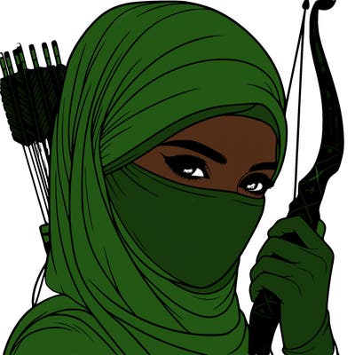 realistic muslim woman face covered holding a bow and arrows