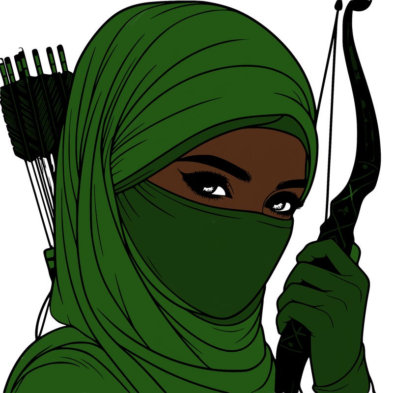 realistic muslim woman face covered holding a bow and arrows