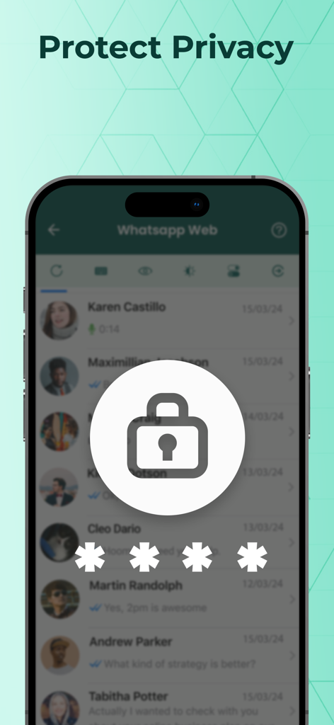 Whatscan - Whats Scan Web - Whatscan app interface showing a passcode lock and privacy protection feature over chat lists.
