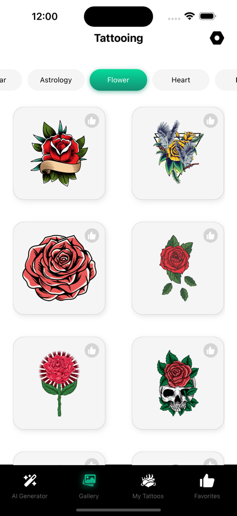 Tattoo Ai -  Art Maker - Mobile app interface displaying a gallery of flower and rose tattoo designs