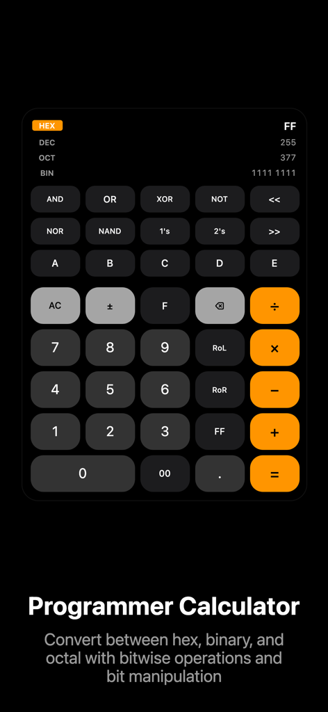 Calculator: Scientific+Finance - Programmer calculator interface with bitwise operations and number system conversion