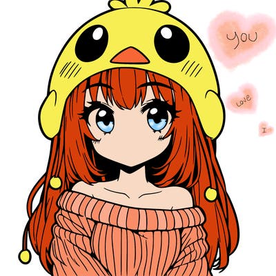 anime girl with chick shaped hat with sweater with bare shoulders with bangs covering them one eye with low tail