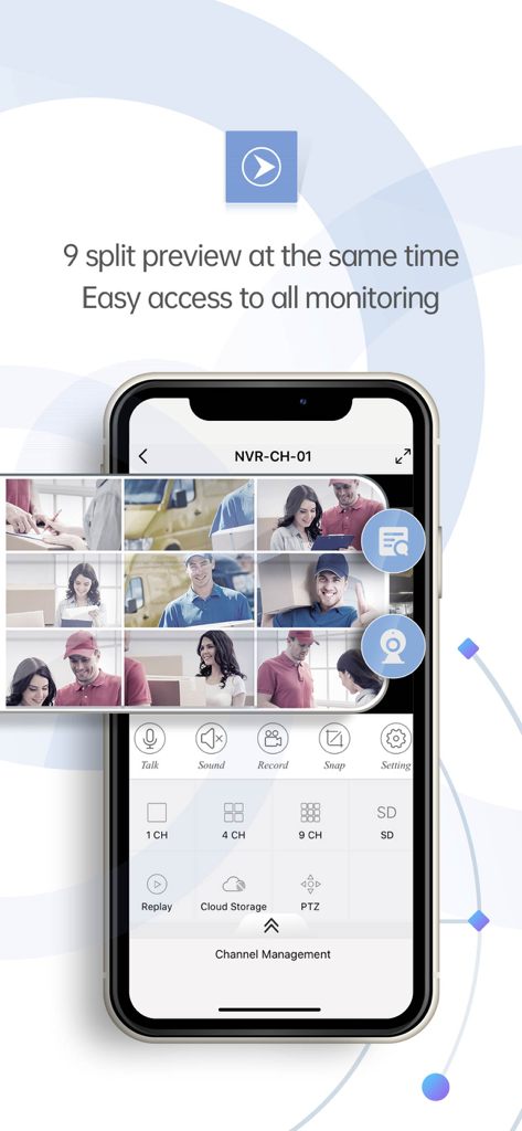 Interface de l'application XMEye Pro montrant une vue de surveillance à écran partagé de neuf caméras sur un iPhone
