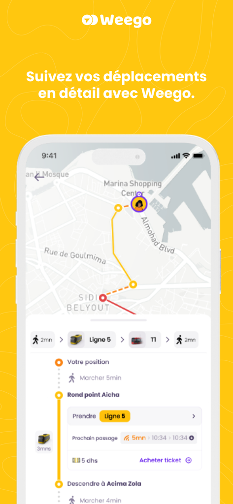 Weego: Move with ease - Weego app interface showing a detailed multimodal transit route on a map with bus and tram segments