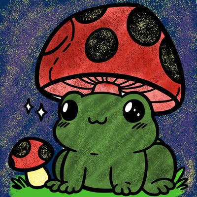 a cute frog with a mushroom hat
