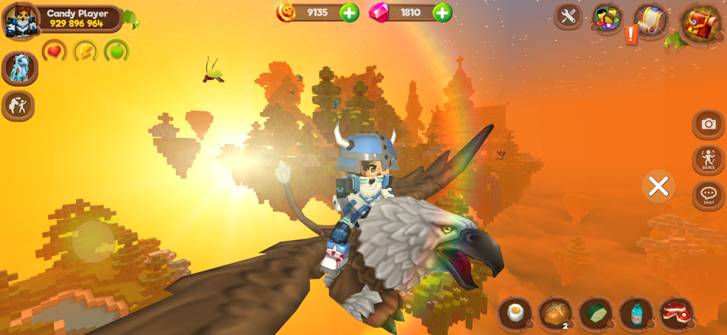Pony World Craft - A cubic character in blue armor riding a giant eagle over a voxel landscape at sunset