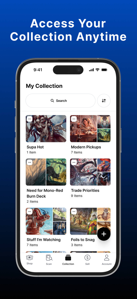 TCGplayer - A mobile phone displaying the TCGplayer app collection screen with various card categories
