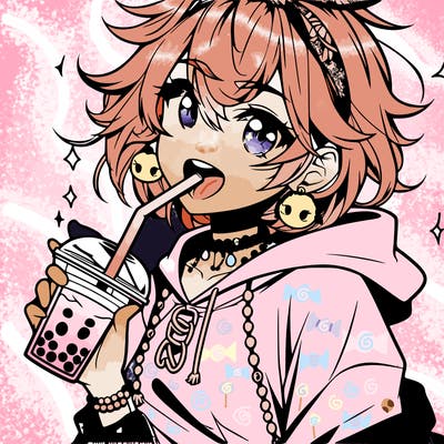 hot baddie anime girl drinking boba and biting the straw